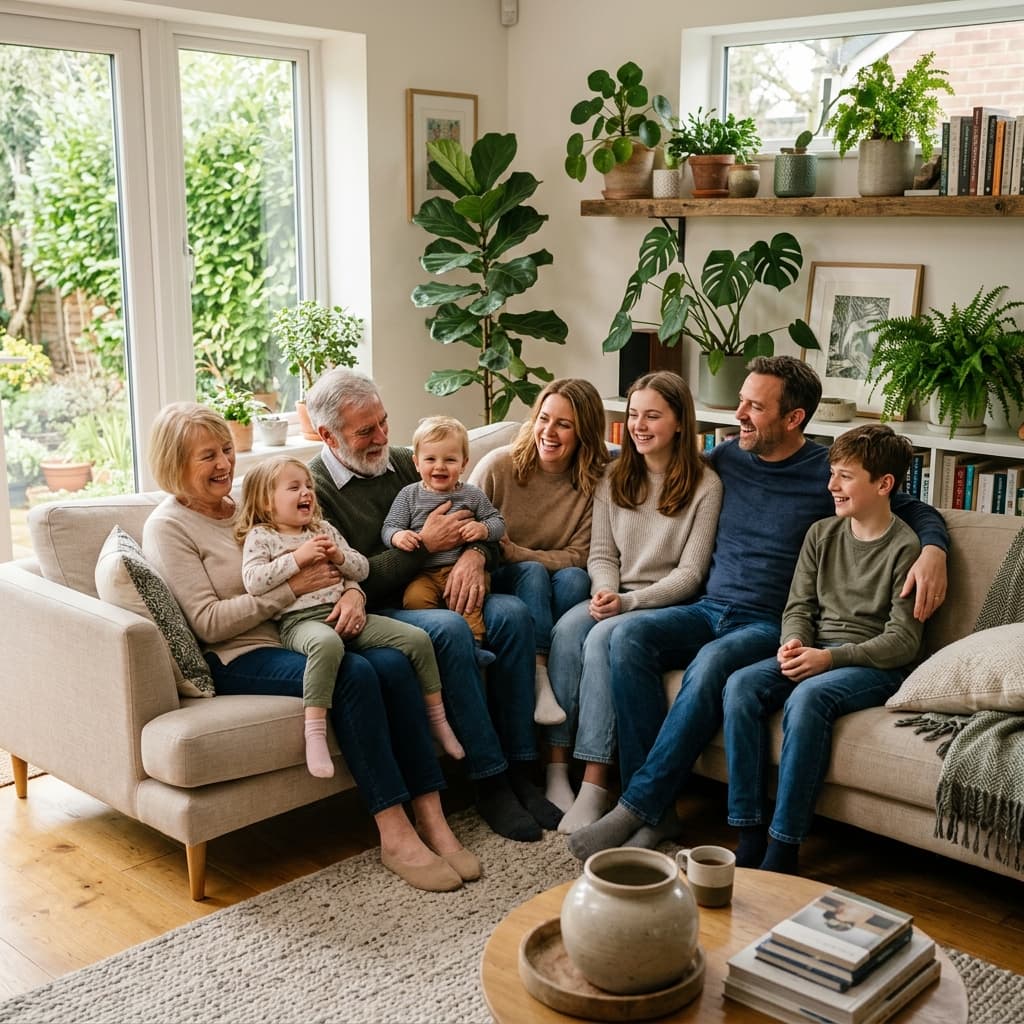 Multi-generational family sitting on living room sofa
