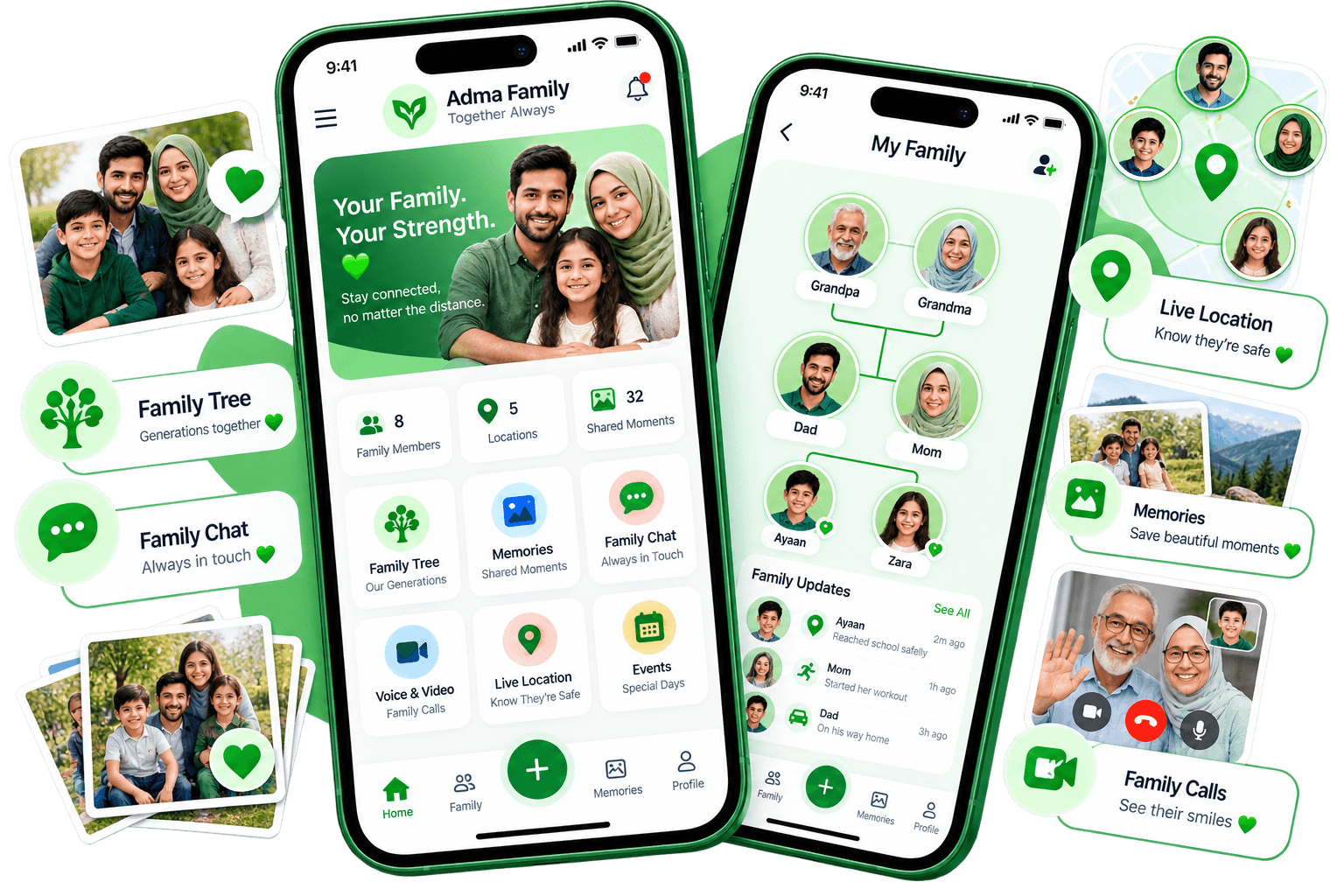 ADMA Family app private chat and live location interface